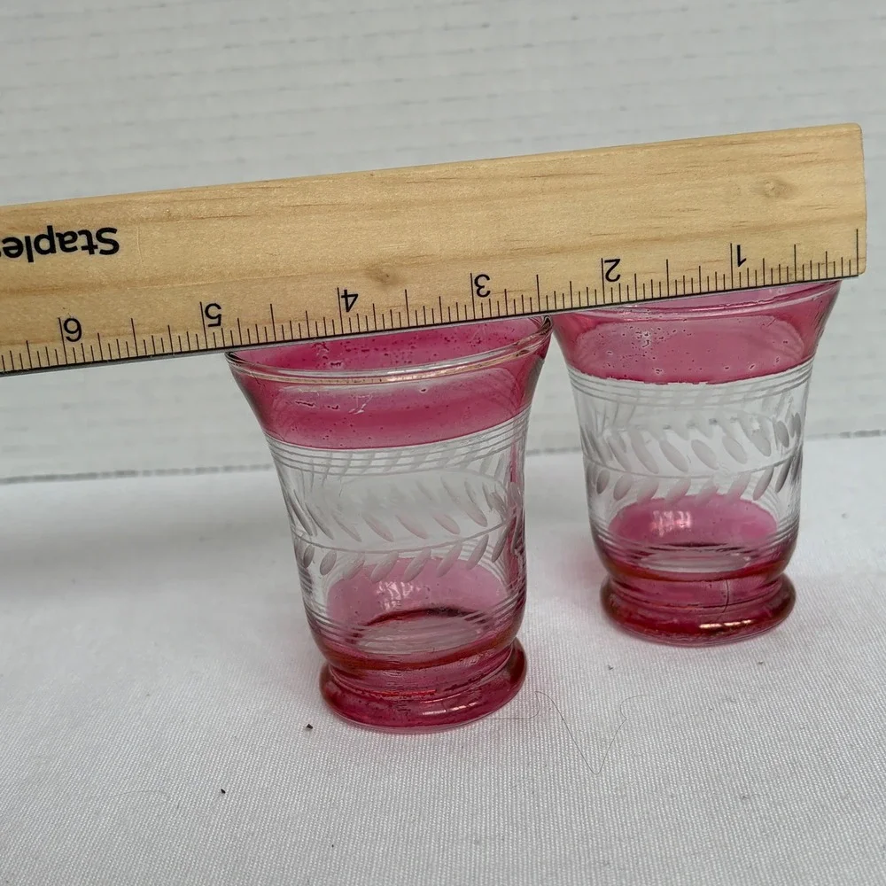 Vintage Cranberry Flashed Glass Shot Glasses Set‎ of 2 Etched Leaf Wheat Pattern